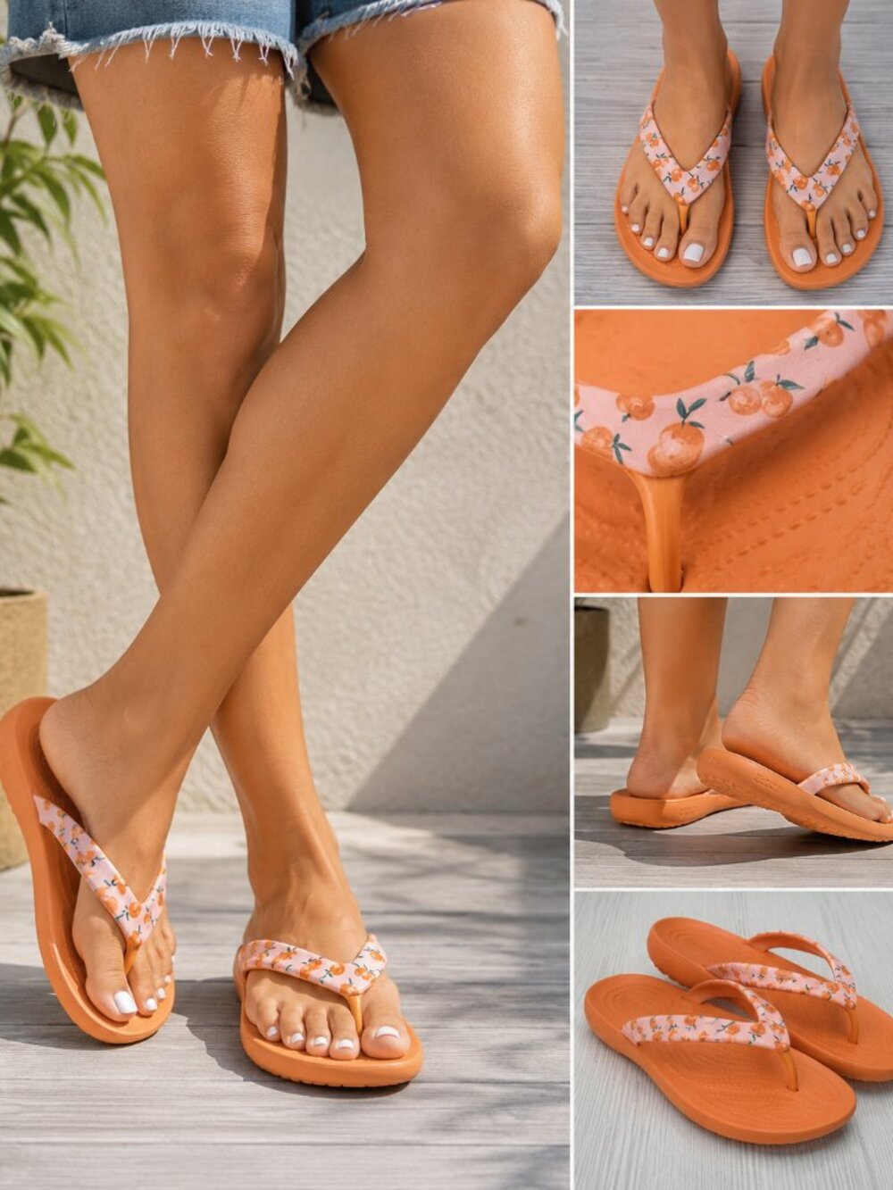 Crocs Women’s Flip Flops W8 Orange Citrus Floral Iconic Comfort Sandals S Flats